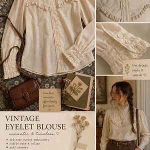 Cream eyelet blouse with ruffle collar and cuffs cottagecore size s